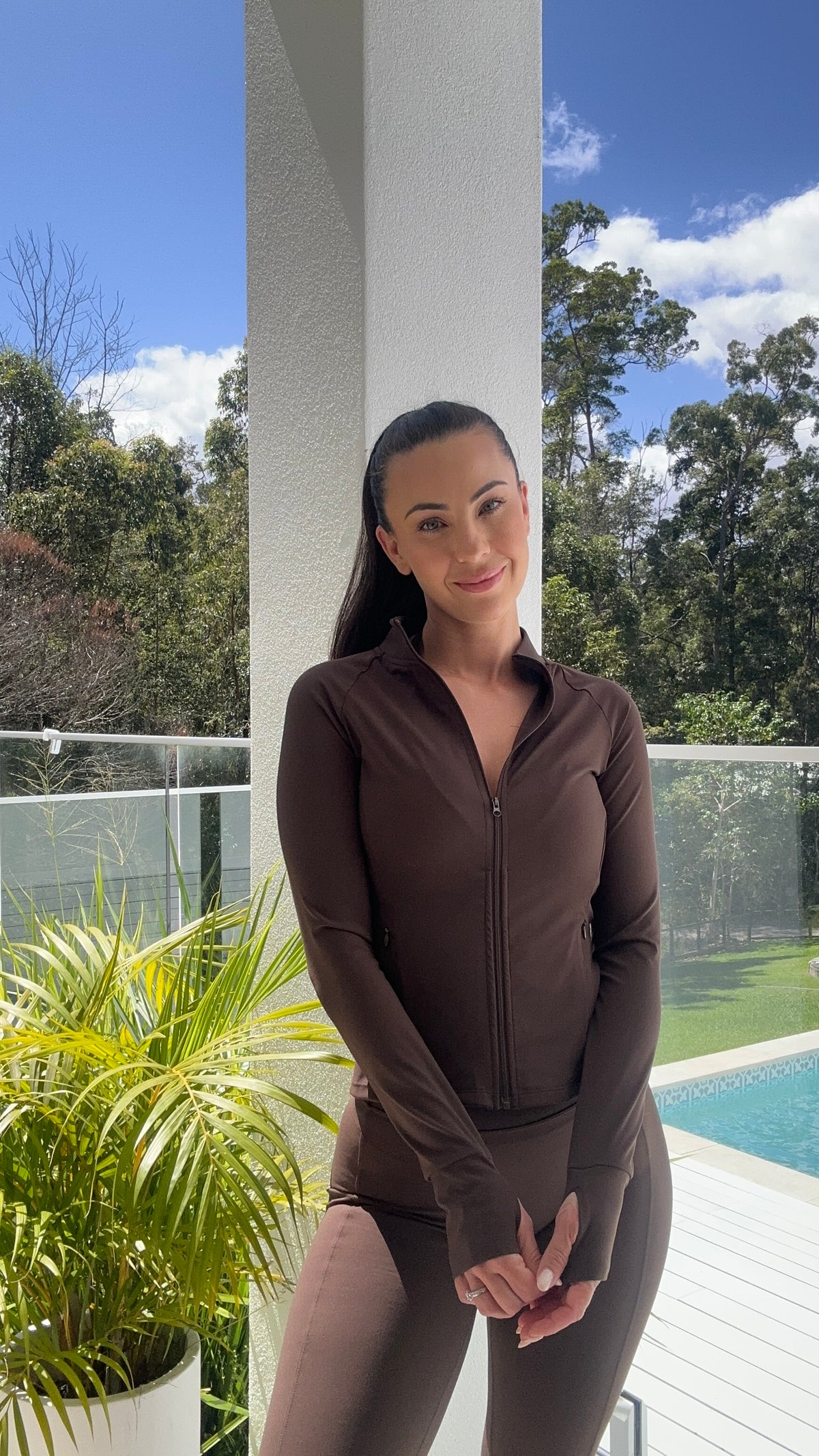 Goddess Sculpt Jacket in Chocolate zipped up